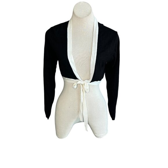 Ann Taylor Vintage Black and Ivory Cropped Front Tie Cardigan Sweater Size 8 NWT - Picture 1 of 10